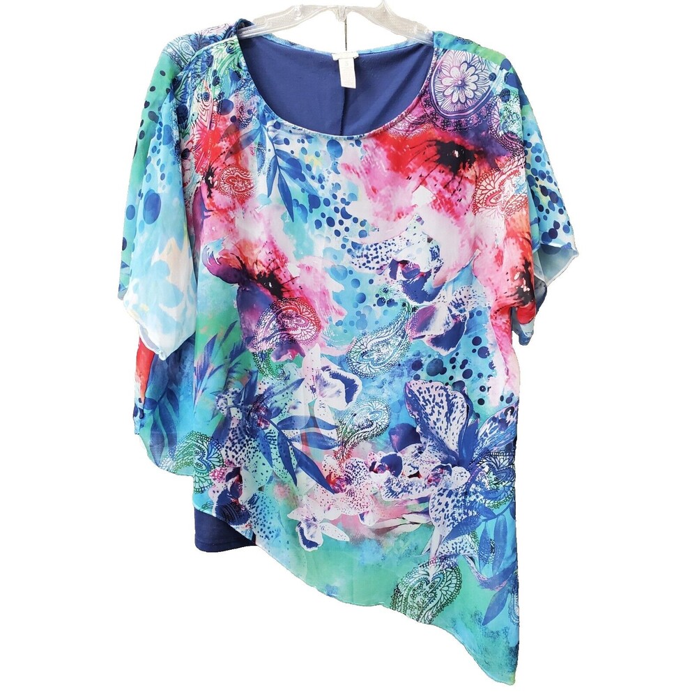 Chico's Summer Paisley Asymmetrical Hem Flowy Top Lined Size 3 (XL) Artsy